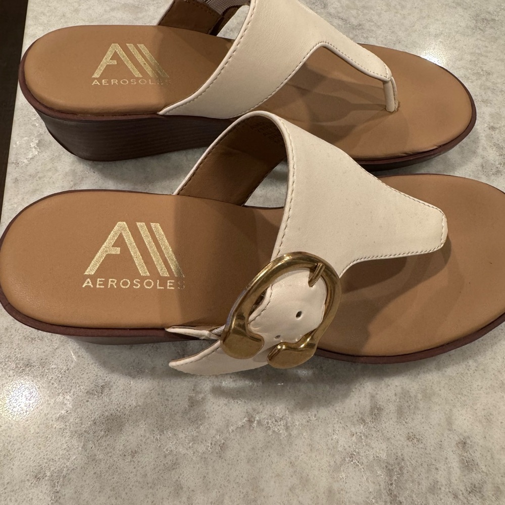 AEROSOLES White and Gold Sandals with Cushioned Sole
